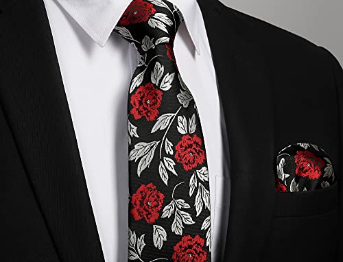 Image of HISDERN Men Floral Ties Woven Classic 3.4 inch Necktie Set Formal Tie Pocket Square for Wedding with Handkerchief Gift Box