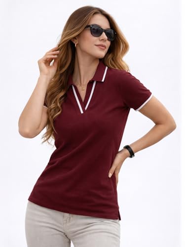 Image of JUNEBERRY Women's Regular Fit Lycra Polo T-Shirt withV- Neck Plain Contrast Piping Collar, Short Sleeves, Soft Fabric for Everyday Comfort (Sizes S to 2XL)