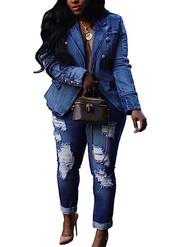 YOOTIKO Womens Jean Blazer Lapel Open Front Button Up Long Sleeve Casual Work Denim Jacket Coat