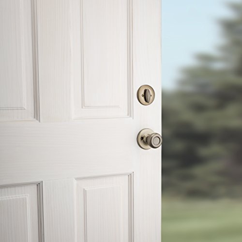 Image of Kwikset Belleview Front Door Lock Handle and Deadbolt Set, Entry Handleset Exterior with Interior Door Knob, Antique Brass, Pick Resistant SmartKey Rekey Deadbolt Security