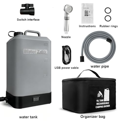 Tanque de agua de silicona de 4.5 galones, ducha portátil para camping, carga USB, con cabezal de ducha, ducha portátil eléctrica integrada, termómetro incorporado, apta para senderismo, viajes, playa y mascotas miniatura 6