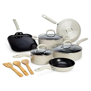 Goodful Ceramic Nonstick Pots and Pans Set, Premium Ceramic Coating Made without PFOA, PTFE or PFAS, Dishwasher Safe, 12-Piece, Cream