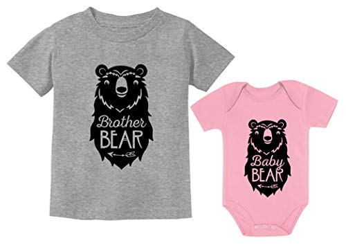 Big Brother Bear Shirt Little Baby Boy Girl Bodysuit Matching Sibling Outfit Set Toddler Gray 2T / Baby Pink NB (0-3M)