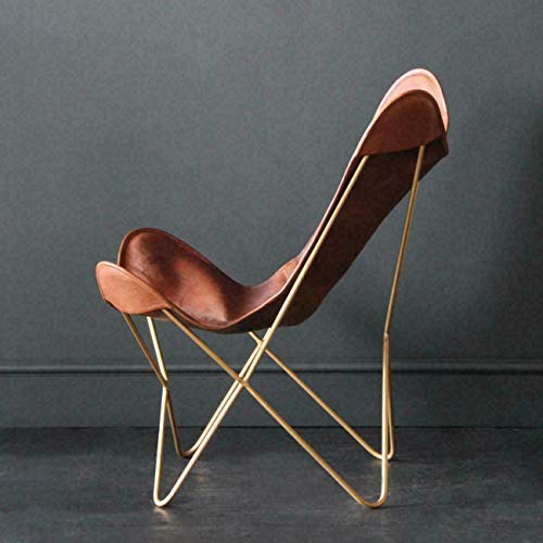 Shy Shy Let’s Touch The Sky Leather Living Room Chairs-Butterfly Chair Brown Leather Butterfly Chair-Handmade With Powder Coated Folding Iron Frame (Cover With Folding Frame) (Golden Frame) #TOP2
