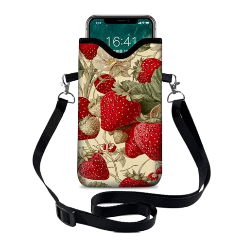Image of Neoprene Cell Phone Sleeve Pouch Case Bag with Crossbody Strap Neck Lanyard for Women 7.1 X 3.9 in Green Leaf Strawberry