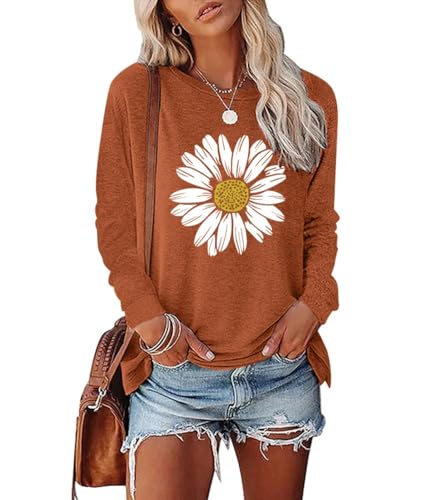 Women's Sunflower Graphic Long Sleeve Fashion Floral Printed Casual Cotton Tee Tops Cute Funny Tees Shirt