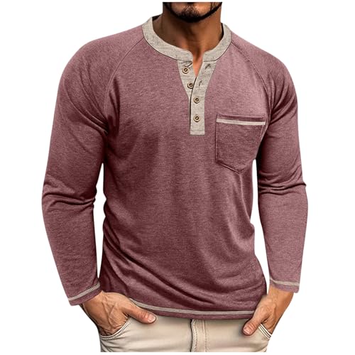 Henley Shirts for Men Long Sleeve with Pocket Casual Stylish Button Collared T-Shirt Colorblock Undershirt 2025 Fashion