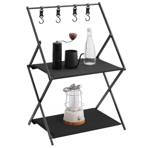 Navaris Meuble de Rangement Camping - Etagere Pliable - Montage Simple et Transport Facile - Matériau Aluminium Robuste - 4 Crochets de Suspension - Sac de...