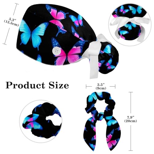 Image of Colored Butterflies Scrub Caps Women Ponytail, Adjustable Bouffant Surgical Caps with Button, Nurse Hats Long Hair