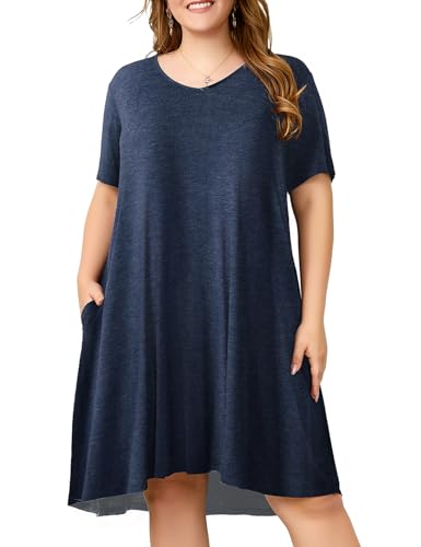 Image of OVERWORETY Womens Short Sleeve Plus Size T-Shirt Dress V Neck Casual Loose Swing A-Line Summer Tunic Dresses with Pockets