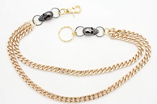 TFJ Men Gold Wallet Chain Links Biker Gothic Black Skull Charm Long 2 Strands4