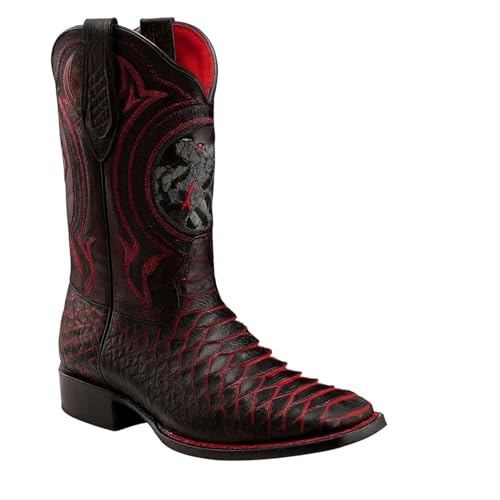 Men’s Genuine Leather Exotic Python Snakeskin Print Square Toe Cowboy Western Boots - Black Cherry
