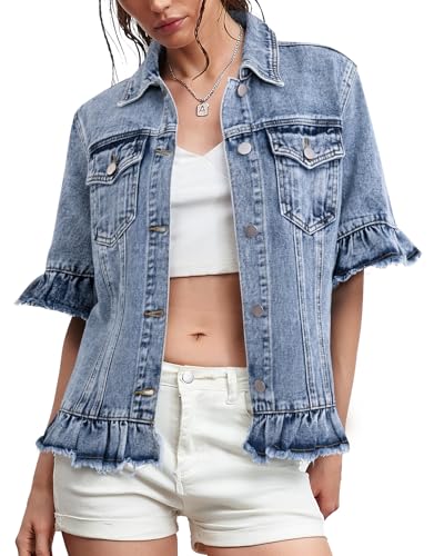 Kedera Short Sleeve Denim Jacket for Women Lightweight Blue Jean Jackets Ruffle Sleeve Denim Shirt Summer Top