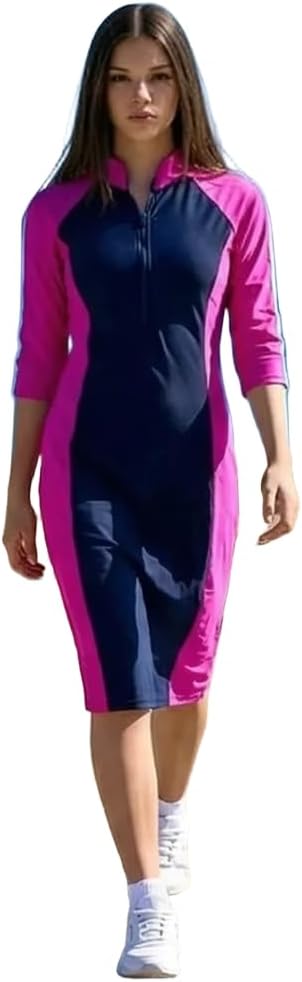 Aqua Modesta Modest Swim Dress, Navy and Pink Color Block, 3/4 Sleeve, Zip-Front, UV Protection SPF 50+, Style 2633