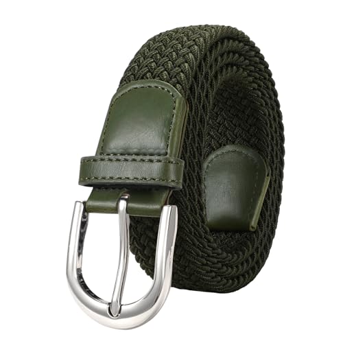 JasGood Cinturón elástico de lona trenzada Cinturón informal elástico para hombres y mujeres, Hebilla verde+plata, 100cm: Für Größe 66cm-79cm