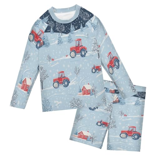 Tractor Snow Tree Pattern Boys Swimsuit Rash Guard Toddler Kids Long Sleeve Swim Shirt and Trunks Swimwear Set 3-10Y