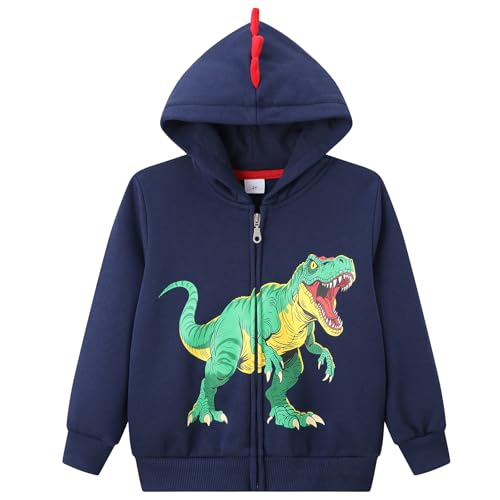 Image of Dinopjs Boys Hoodie, Dinosaur Long Sleeve Fleece Hooded, Casual Cotton Sweatshirts Tops, Dino Tyrannosaurus Rex Shirts Zipper Hoodies, Warm Coats Clothes for Kids, Dark Blue