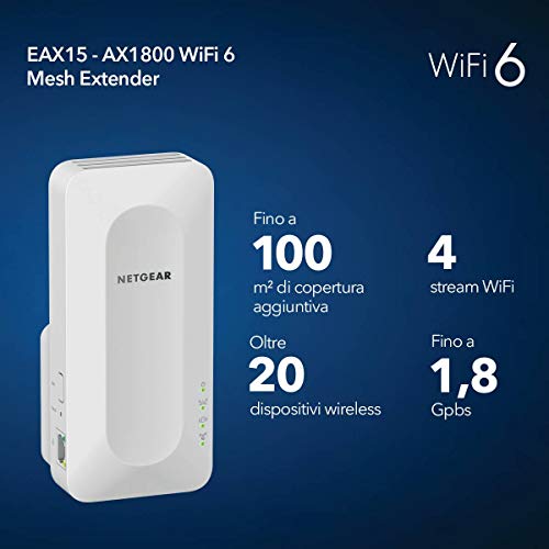 NETGEAR Ripetitore WiFi 6 Mesh EAX15, WiFI Extender con 1 porta LAN e 4 stream, ripetitore WiFi wireless compatibile con modem fibra e adsl