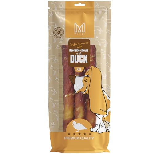 MERSJO Hundeleckerlis XXL Beefhide Kaustangen mit Entenbrust, 240g, 24-25 cm, für mittelgroße bis große Hunde