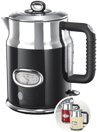 Russell Hobbs Wasserkocher [1,7l, 2400W] Retro Schwarz & polierter Edelstahl (Schnellkochfunktion, Wassertemperaturanzeige im Retrodesign, außenliegende Wasserstandsanzeige) Teekoc
