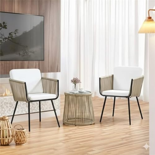 Image of LOCCUS 3 Pieces Patio Furniture Set Outdoor All Weather Woven Rope Conversation Bistro Set Hand-Woven Rope Chairs with Glass Top Coffee Table Set for Backyard (Beige and Off-White)