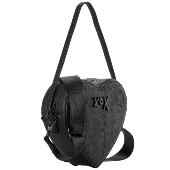 Betsey Johnson XO Heart All Over Skull Embossed Heart Shaped Black Faux Leather Small Top Handle Handbag Shoulder Bag Crossbody Bag2