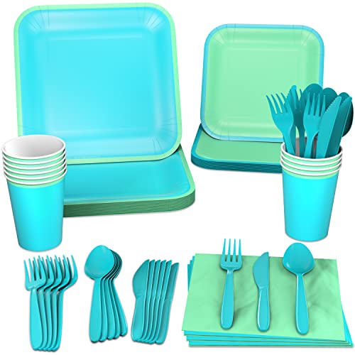 Hallmark Crayola Hallmark Color Pop Green and Blue Party Supplies (12 Dinner Plates 12 Dessert Plates 12 Paper Cups 24 Napkins 12 Sets of Plastic Cutlery) for Birthdays Baby Showers Fathers Day