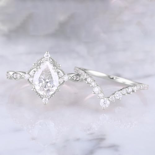 1.5 ct Pear Shaped Engagement Rings for Women 2pcs Bridal Set Wedding Rings Vintage Inspired V Shaped Wedding Band S925 Moissanite Wedding Ring Set Promise Wedding Rings For Her3