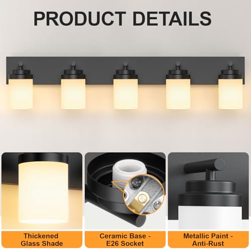 Image of IZORRO Bathroom Vanity Light Fixture, 5-Light 36 Inch Matte Black Bathroom Light Fixtures Over Mirror, with White Glass Shade, Modern Farmhouse Vanity Lights, Rustic Restroom Lighting Fixtures