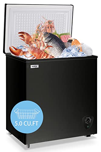 Chest Freezer 5.0 Cu.Ft Small Deep Freezer White Top Door Mini Freezer with Removable Basket, Low Noise, 7 Adjustable Temperature and Energy Saving Perfect for Home Garage Basement Dorm or Apartment