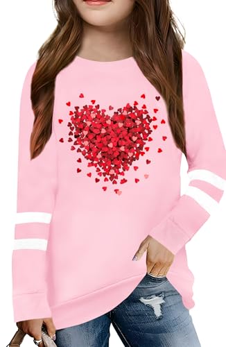 Image of LAZYCHILD Kids Valentine Shirt Girls Valentines Day Shirts Heart Graphic Long Sleeve Striped Tee Tops 5-14 Years