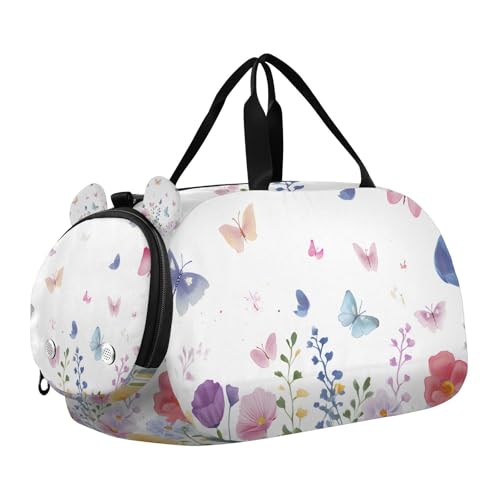 Duffle Bag for Boys or Girls with Shoes Compartment, Butterfly Blossom Flowers Sports Travel Bag Overnight