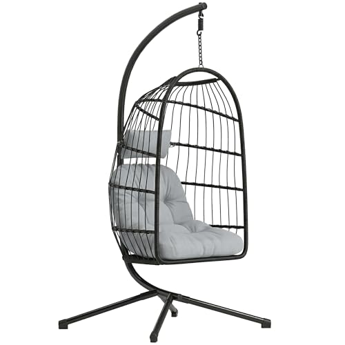 Outsunny Fauteuil Œuf Suspendu Pliable avec Support - Balançoire de Jardin avec Coussin 15cm et Appui-tête - Chaise Suspendue Intérieure et Extérieure,...