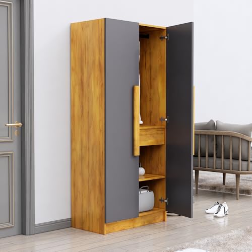 Image of Bniture 2 Door Wardrobe for Bedroom | Almirah for Clothes with 4 Shelves | Spacious Storage Cupboard for Bedroom | Wooden Wardrobe (46D x 80W x 182H CM) | 3 Years Warranty | Giant Wood & Slate Grey