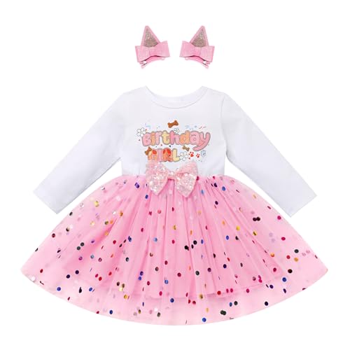 FYMNSI Vestido de fiesta de cumpleaños para niñas de 1, 2 y 3 cumpleaños, tutú de lunares, manga larga, vestido de tul con pinza para el pelo, Rosa., 3-4 Años