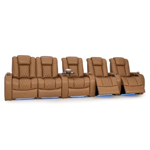Image of Seatcraft Diamante Tan Oak Italian Leather Home Theater Seating, Zero Gravity Power Recliner Gaming and Home Office Chair Powered Headrest Lounge Sofa Furniture for Cinema Room Row of 5 Left Loveseats