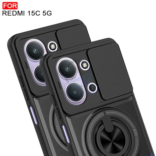 Image of AESTMO Redmi 15C 5G Back Cover | Armor Camera Slider 360 Degree Rotating Finger Ring Holder Case with Bracket Stand Back Case Cover (Compatible with MagSafe Accessories) (Black)