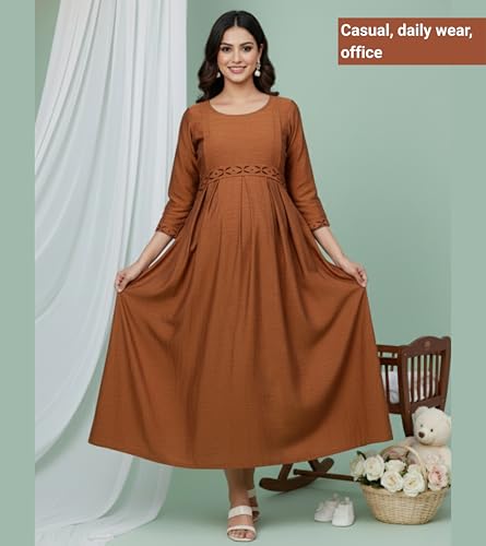 Image of DUMMY SHAPE Maternity Gown for Women | Floral Anarkali Flare Kurta with Dual Nursing Zippers | Pregnancy & Breastfeeding | Feeding Kurtis | Baby Shower | Mom to Be Gifts for Pregnant Woman Rust Brown