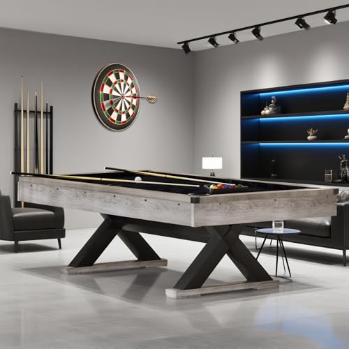 84' Pool Table with Rustic Grey Finish, X-Shaped Legs, Black Cloth, Billiard Balls, Cues, & Accessories–Billiard Table for Adults, Game Room & Home Entertainment (Grey)