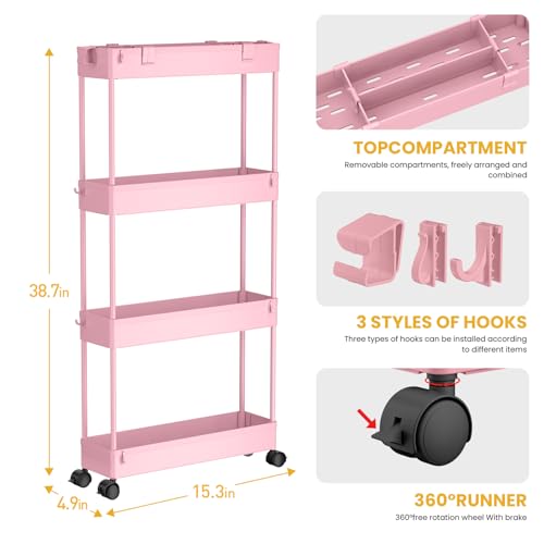 Image of SPACELEAD Slim Storage Cart 4 Tier,Bathroom Organizer Rolling Utility,Mobile Shelving Unit Slide Out for Office, Kitchen, Laundry Room & Narrow Places,Pink