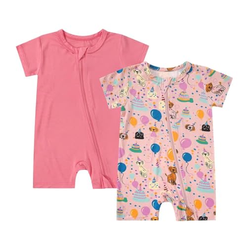 Teach Leanbh Unisex 2 Pack Bamboo Viscose Pajamas 2 Way Zipper Short Sleeve Printed Romper Jumpsuit Sleep and Play