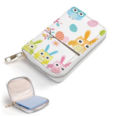 Women Leather Coin wallet, Key Change Organizer Zipper Card Holder Purse Clutch Pouch Pocket 4.5x3.15 in Print Easter Owl Cartoon Style Flowers Eggs Seamless on White2