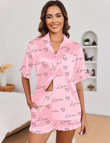 Image of Ekouaer Satin Pajama Set for Women 2 Piece Pj Sets Short Sleeve Sleepwear | Super Soft Silky Summer Loungewear Set with Ruffle Short Sleeve Top and Pocket Shorts, Casual Travel Daily Gift