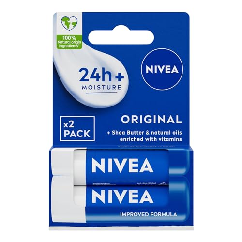 NIVEA Original Care Duo Pack Balsamo per labbra (2 x 4,8 g), idratante per labbra profondamente per 24 ore +, ingredienti di origine naturale al 100%, burro di karitè e vitamine, cura delle labbra
