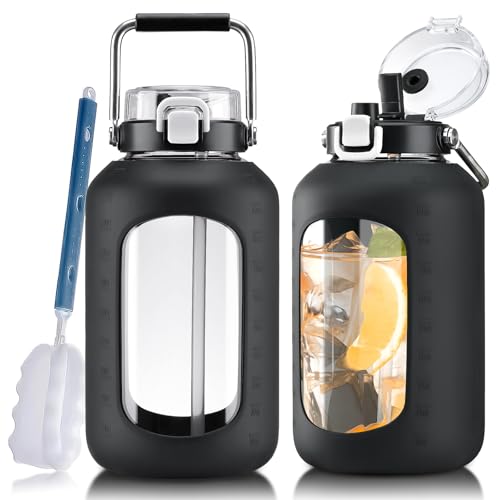 WINSA Large Glass Water Bottles with Stainless Steel Handle,100 oz Gallon Drinking Bottle with 2-in-1 Straw Lid,3 Liter Glass Water Jug with Silicone Sleeve,Wide Mouth,Black