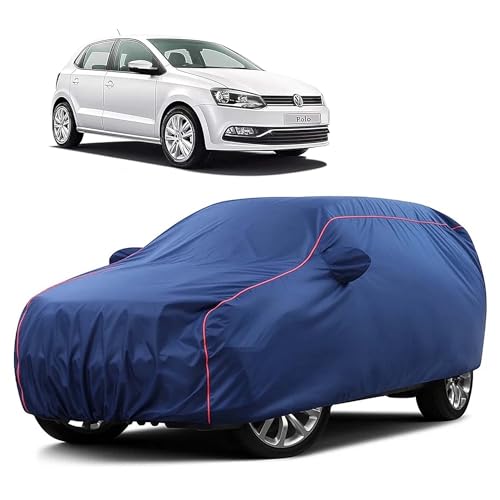 Image of Sulfar 100% Water Resistant Car Body Cover Compatible with Mirror for Volkswagen Polo (Triple Stitched, Full Bottom Elastic, Blue Taffeta with Red Piping)