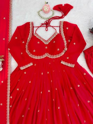 Image of Dresser Women's Georgette Anarkali Flare Kurta Set (DR-DR1001, Red)