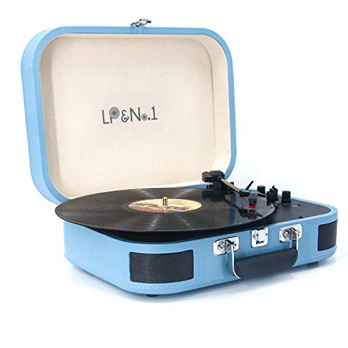 LP&No.1 Portable Bluetooth Turntable with USB Play and Recording,Suitcase 3 Speed Vinyl Record Player with Pitch Control,RCA Output and Aux Input,Blue