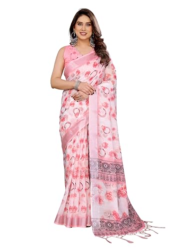Image of Women's Zari Border Cotton Linen Printed Saree with Blouse