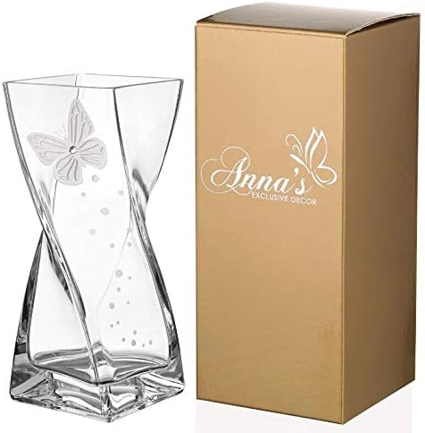 Butterfly Vase, Mouth Blown Glass Vase, Decorated with Premium Crystal and Etched Butterfly, Clear Square Ornament